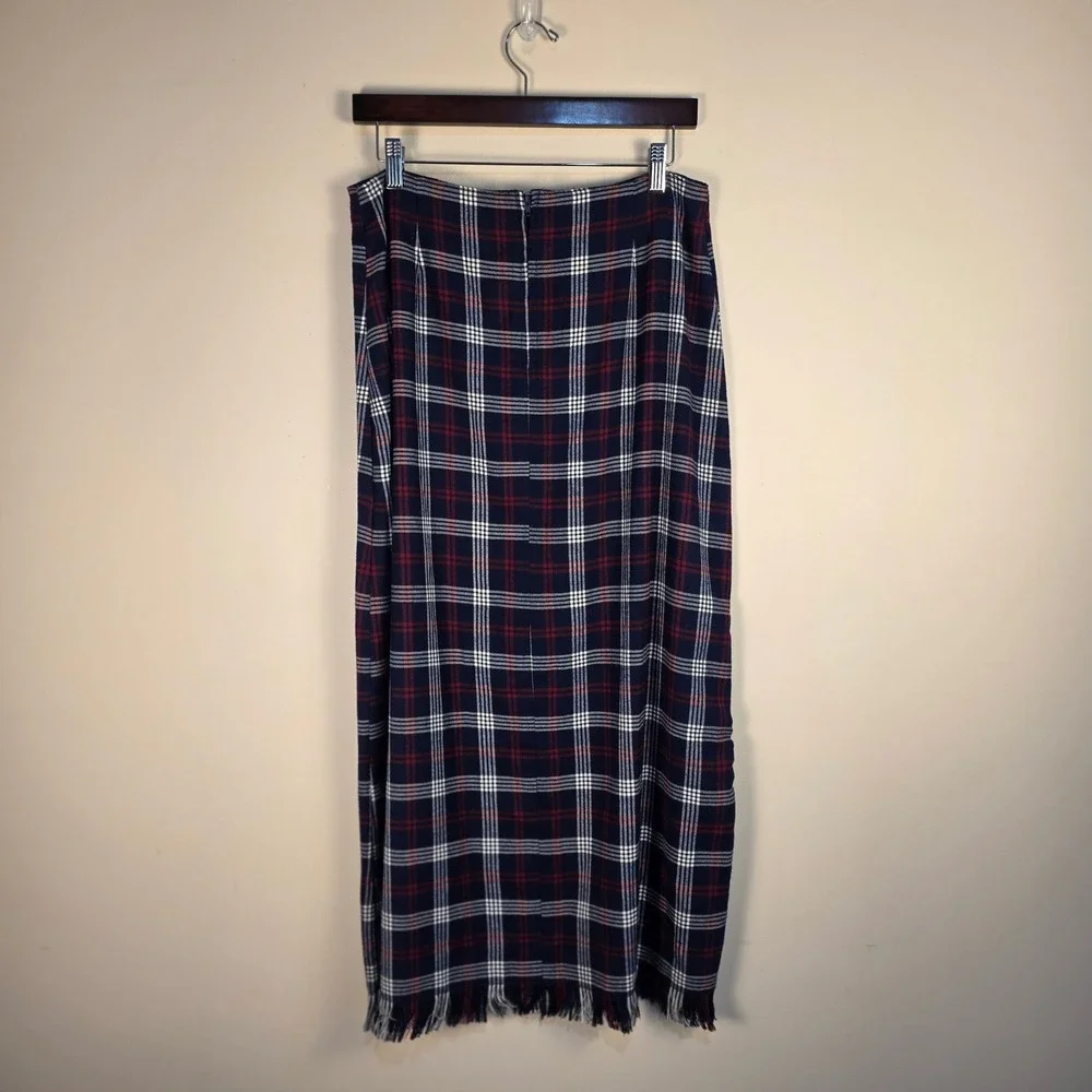 Maxi Skirt Women 12 Navy Red Plaid Fringed Hem Front Tie Preppy Academia‎